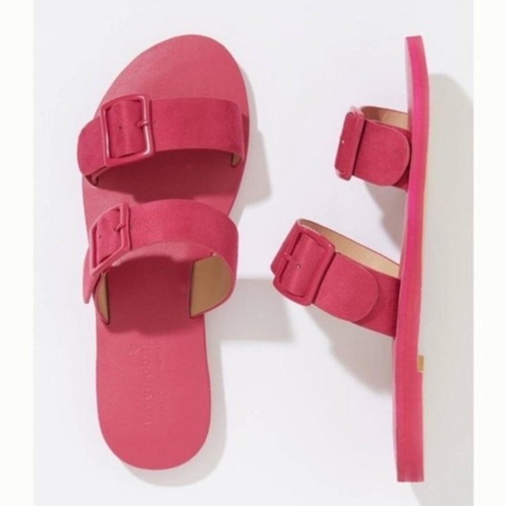 Farylrobin Anthropologie Slide Sandals Womens 7 Pink Good Suede Buckle Flat